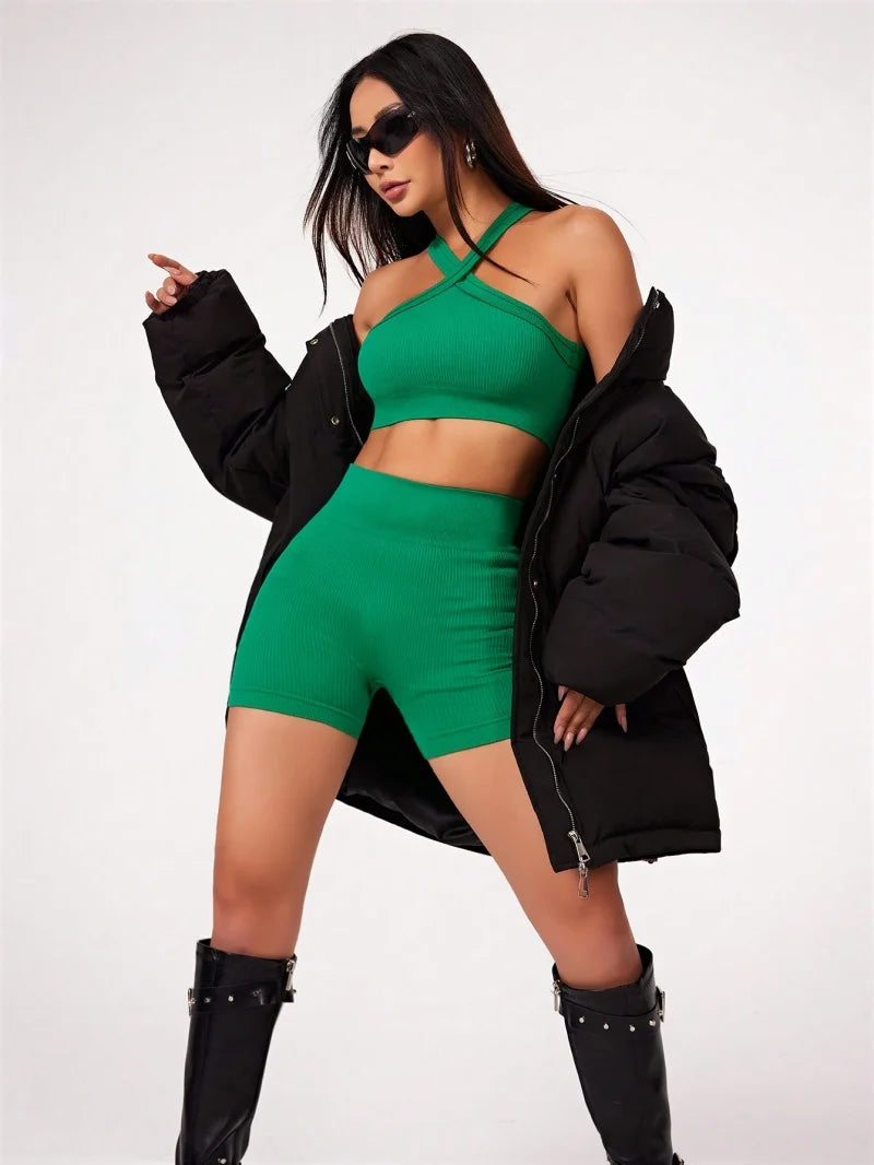 Activewear Duo – High Waist Shorts + Open-Back Bra