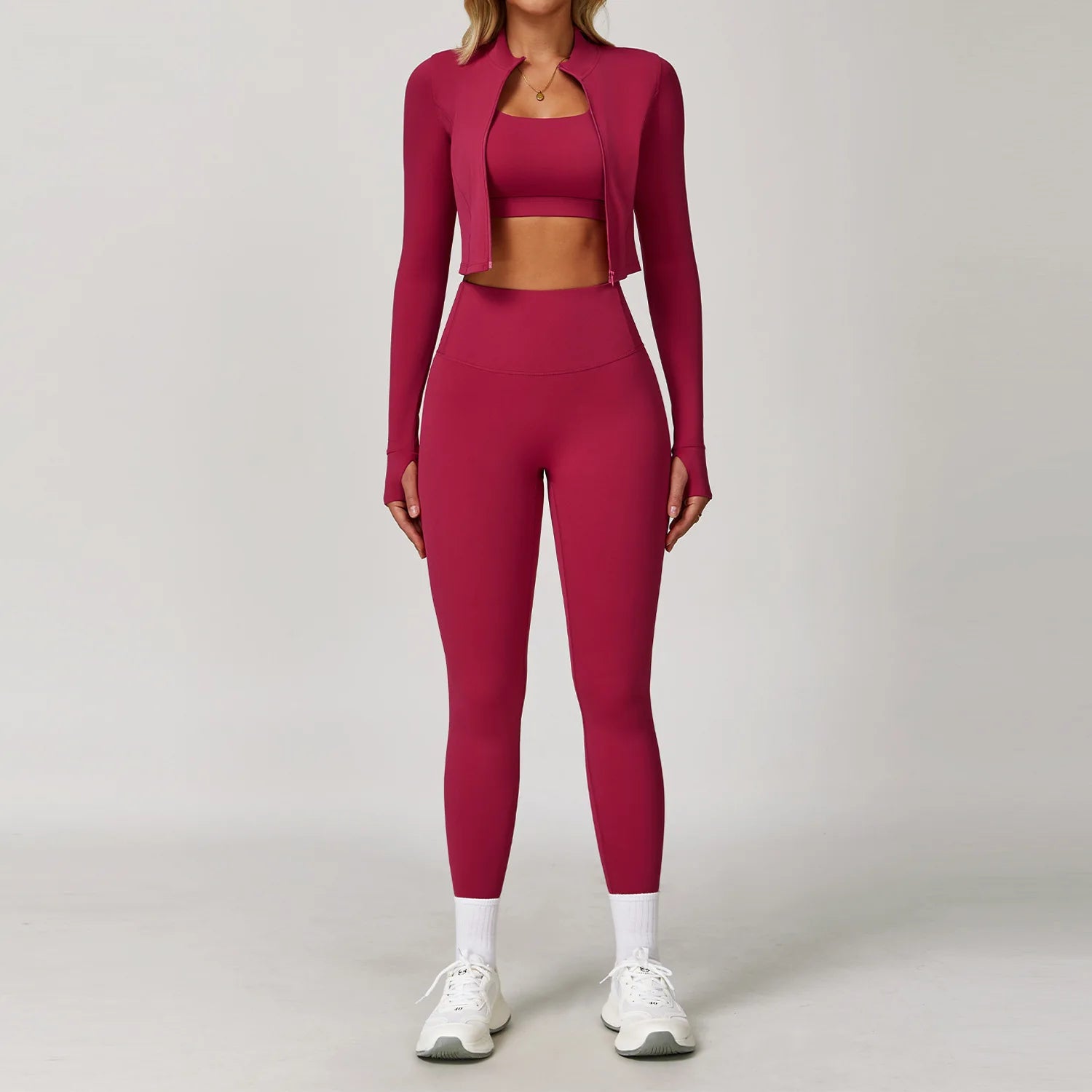 Gymwear Trio – Zipper Crop Top, Push-Up Bra & Leggings