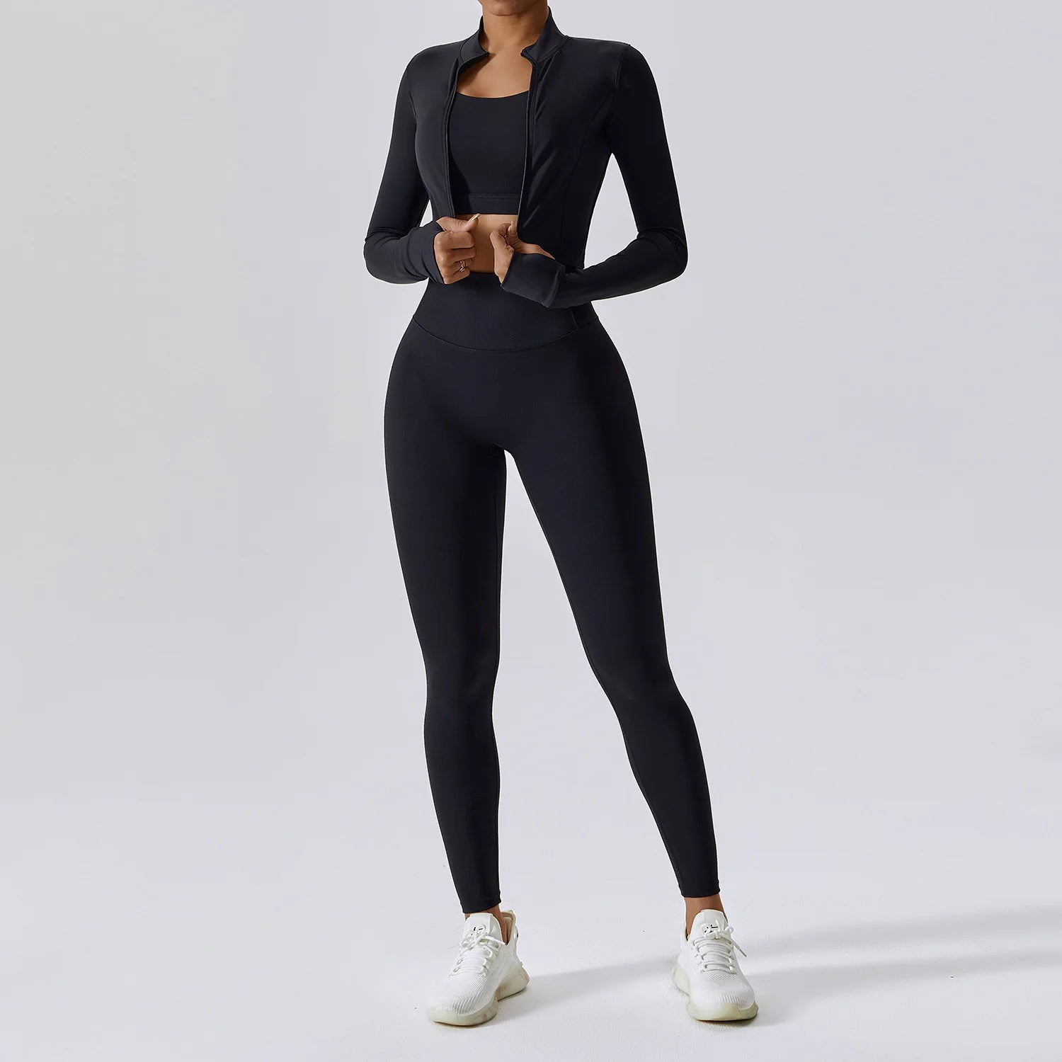 Gymwear Trio – Zipper Crop Top, Push-Up Bra & Leggings