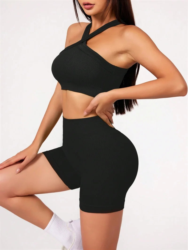 Activewear Duo – High Waist Shorts + Open-Back Bra