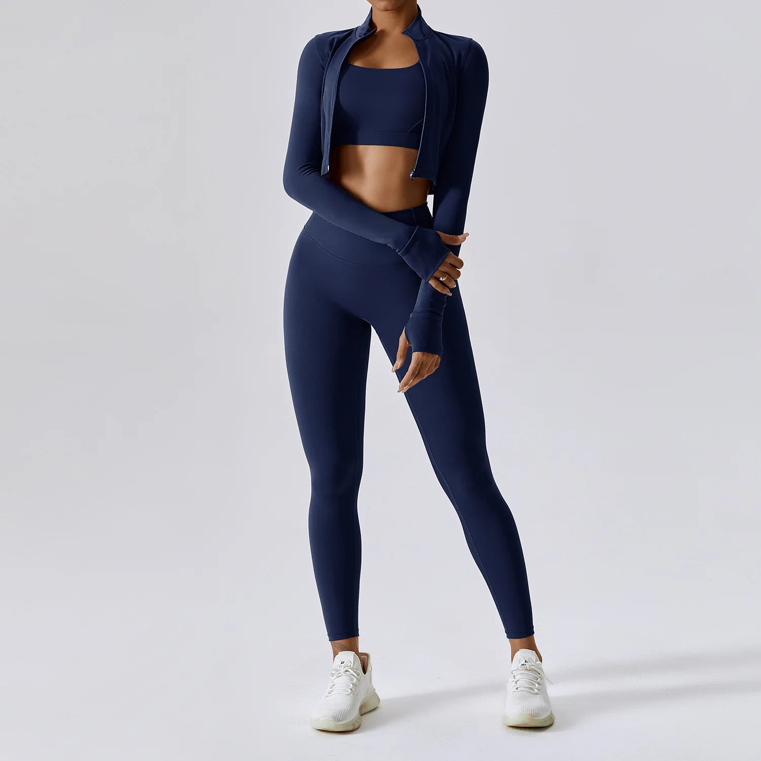 Gymwear Trio – Zipper Crop Top, Push-Up Bra & Leggings