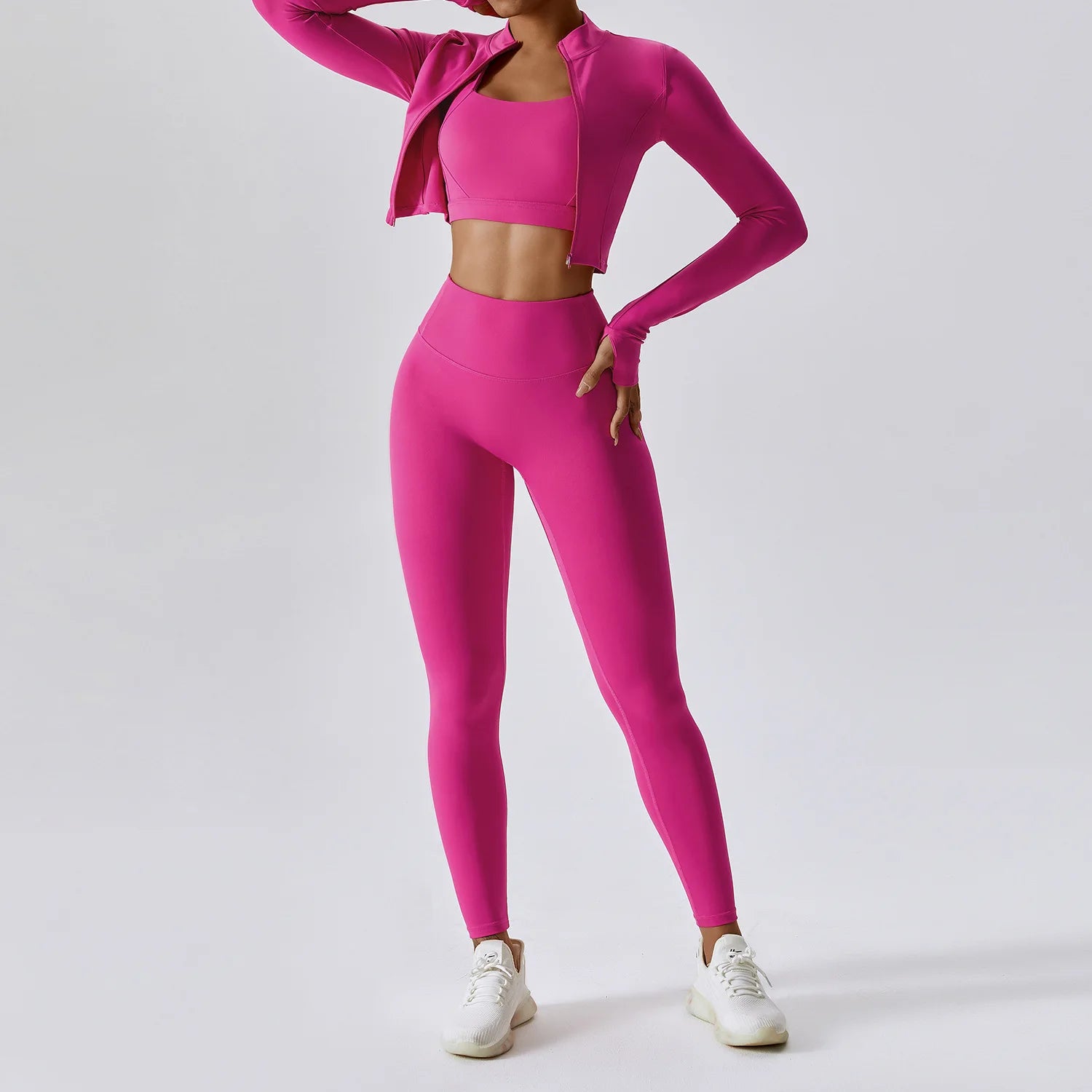Gymwear Trio – Zipper Crop Top, Push-Up Bra & Leggings