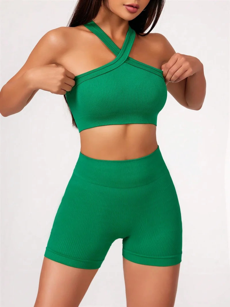 Activewear Duo – High Waist Shorts + Open-Back Bra