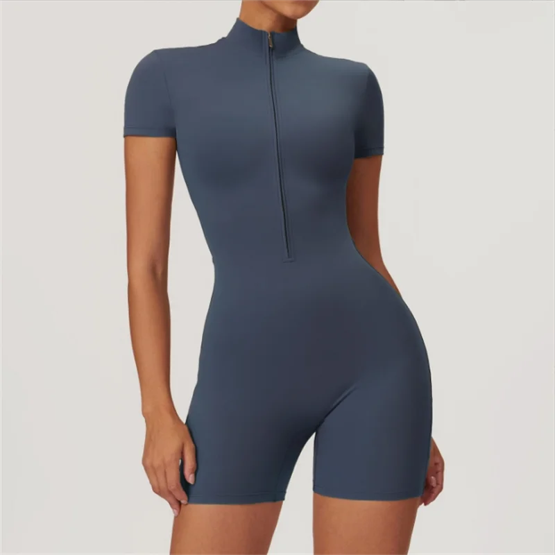 Slim Fit Fitness Bodysuit – Stand Collar, Zip Front