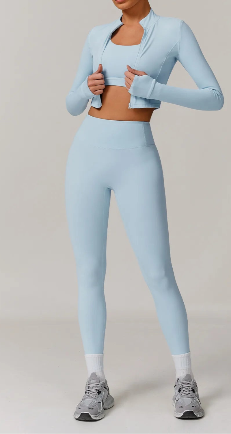 Gymwear Trio – Zipper Crop Top, Push-Up Bra & Leggings